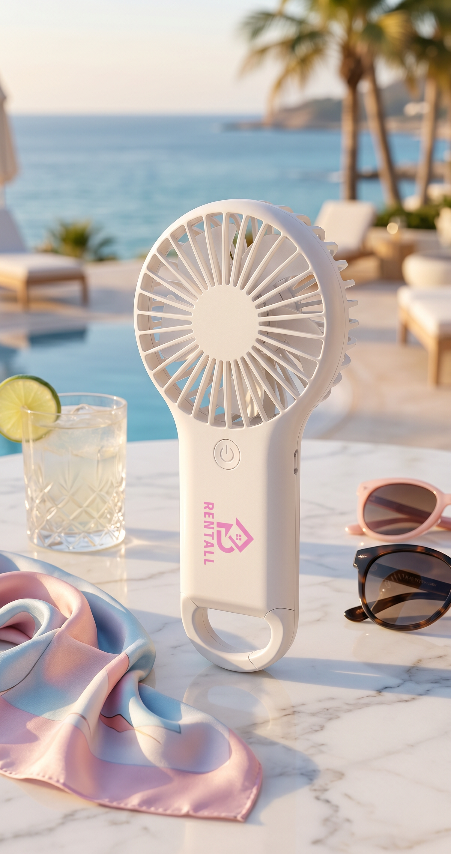 Happy customer using the E-Z Breezy Mini Travel Fan outdoors